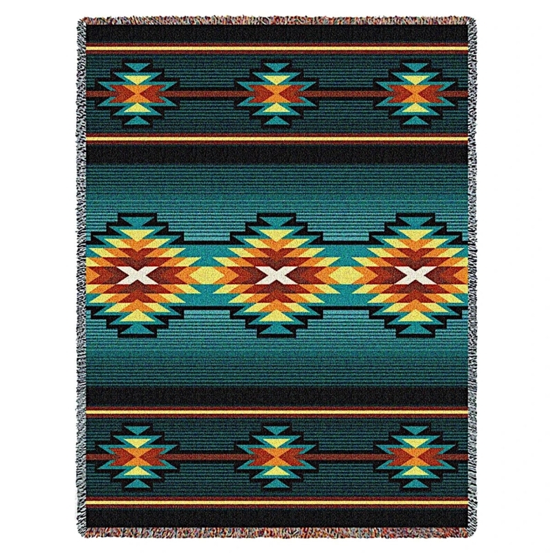 Bohemian Woven Throw Blanket with Tasseled Fringe and Geometric Motif