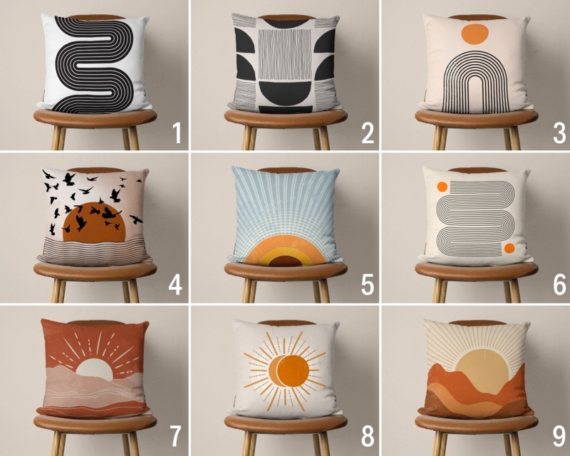 Boho Abstract Throw Pillow featuring Terracotta Sun and Arch Motifs