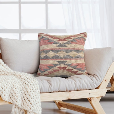 Boho Geometric Throw Pillow with Charcoal Embroidery and X Pattern