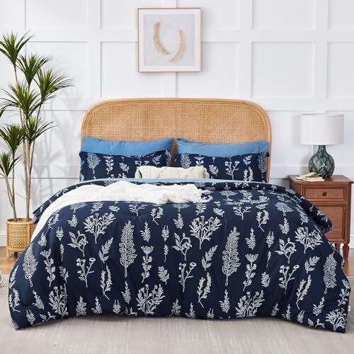 Boho Navy, Mustard, and Pink Large Scale Floral Comforter Set