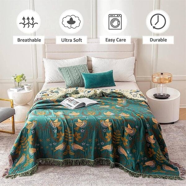 Boho Throw Blanket, Bird and Floral Print, Tassels