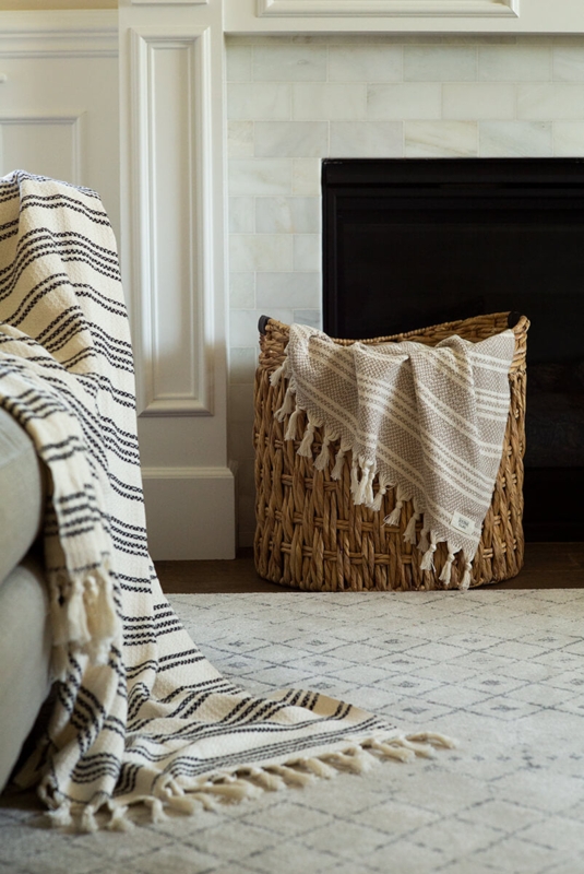 Boho Throw Blanket Cream Woven Diamond Pattern with Knotted Fringe