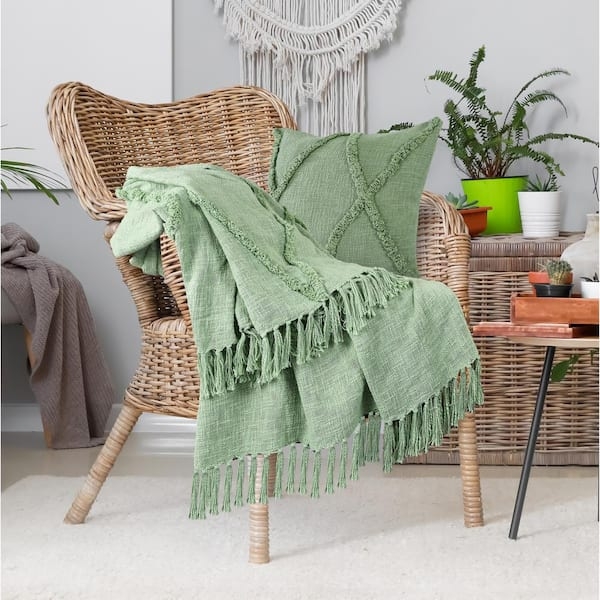 Boho Throw Blanket Light Sage Green Diamond Tufted Cotton Fringe
