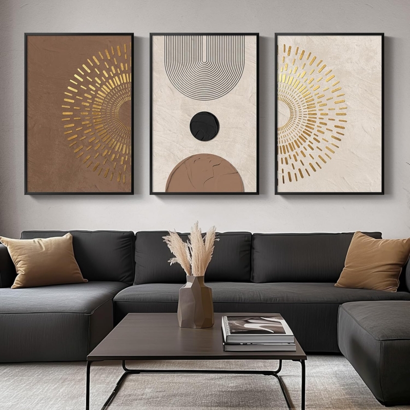 Boho Wall Art Set of 3, Gold Sunburst and Geometric Prints