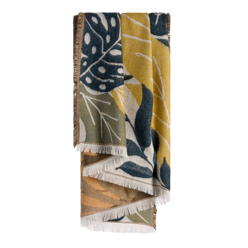 Boho Woven Throw Blanket with Tropical Jacquard Weave and Fringe