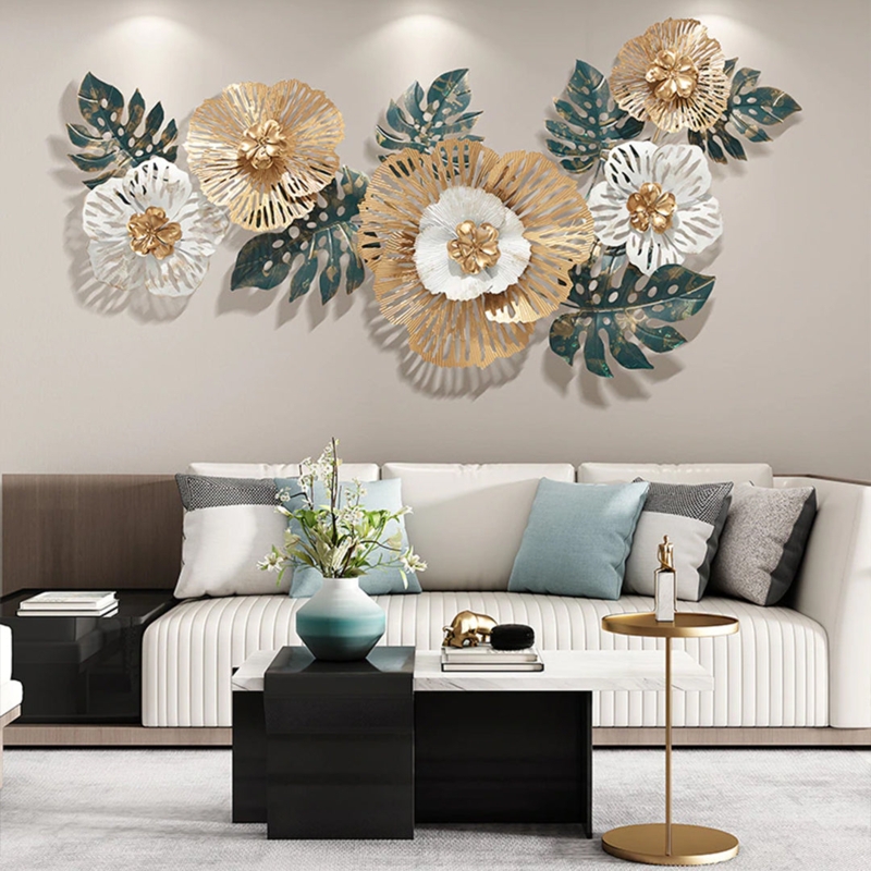 Botanical Metal Wall Art: Layered Floral Motif, Gold & Blue-Gray Finish.