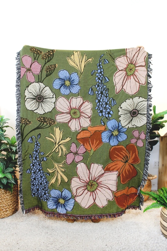 Botanical Wildflower Tapestry Throw Blanket, Woven Fringed