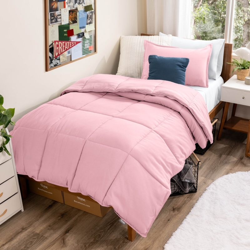 Box Stitch Quilted Light Pink Comforter Set, Flanged Sham Minimalist.