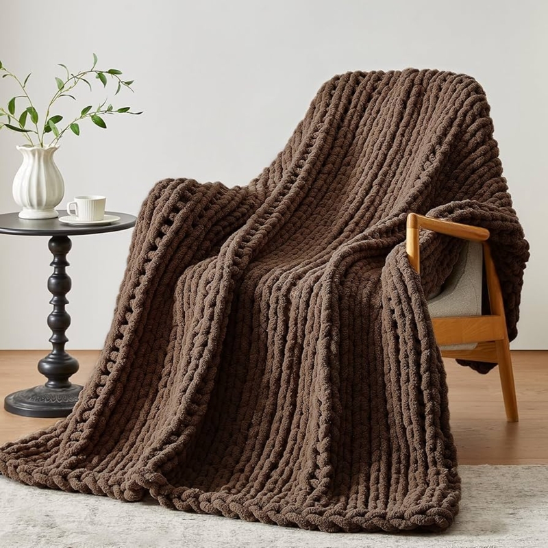 Braided Knit Throw Blanket Dark Brown Chenille Chunky Texture Rustic