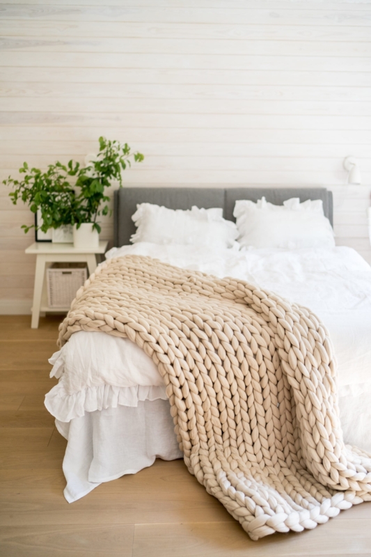Braided Knit Throw Blanket, Oversized Beige
