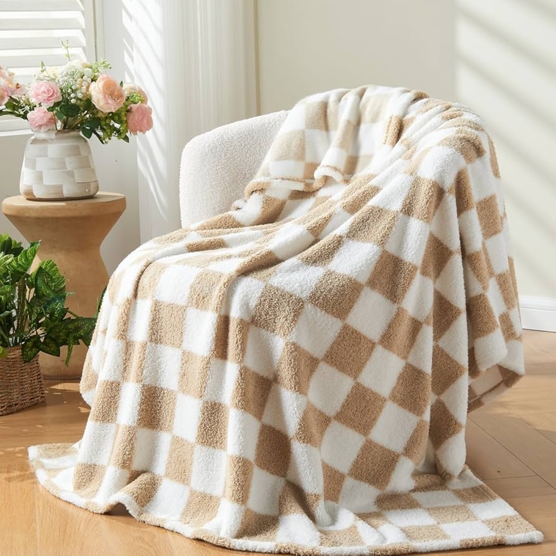 Brown and White Checkered Throw Blanket, Fuzzy Fabric, Farmhouse Style
