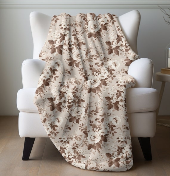 Brown and White Floral Throw Blanket, Plush Velveteen Texture
