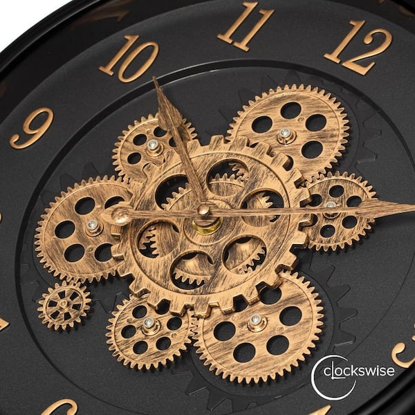 Brushed Bronze Gear Wall Clock Vintage Inspired Black Frame