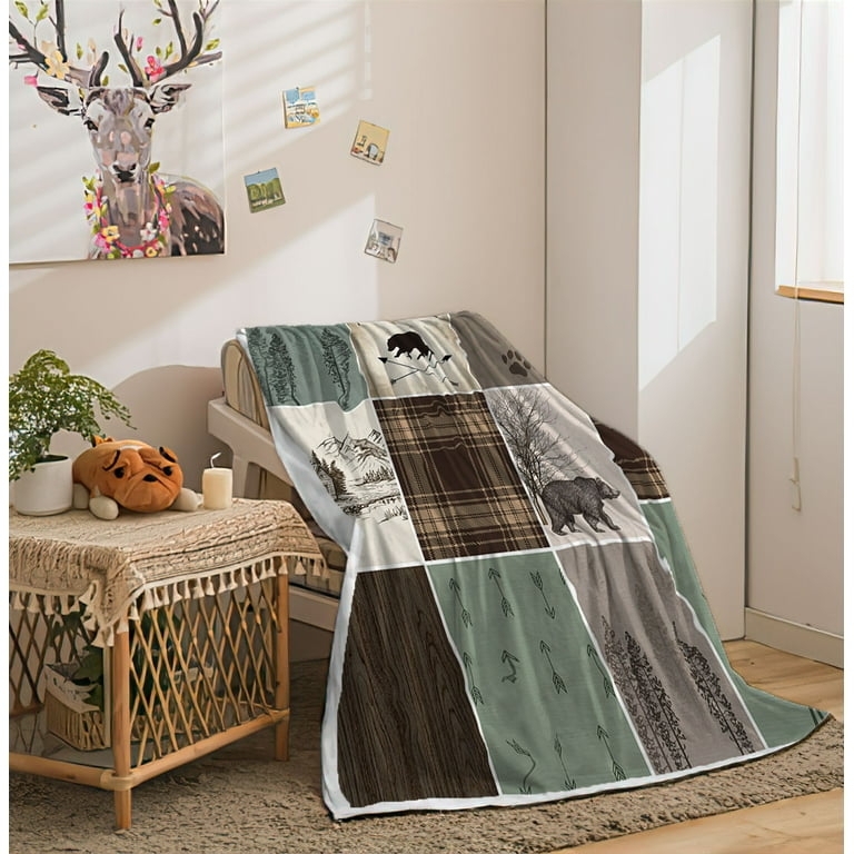 Buffalo Check Flannel Throw Bear Deer Block Print Rustic Lodge