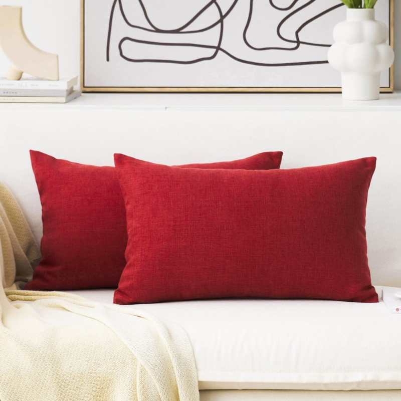 Burgundy Linen-Like Lumbar Pillows for Farmhouse Bed