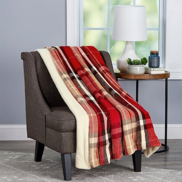 Burgundy Plaid Throw Blanket Vineyard Pattern Thick Sherpa Lining Rustic
