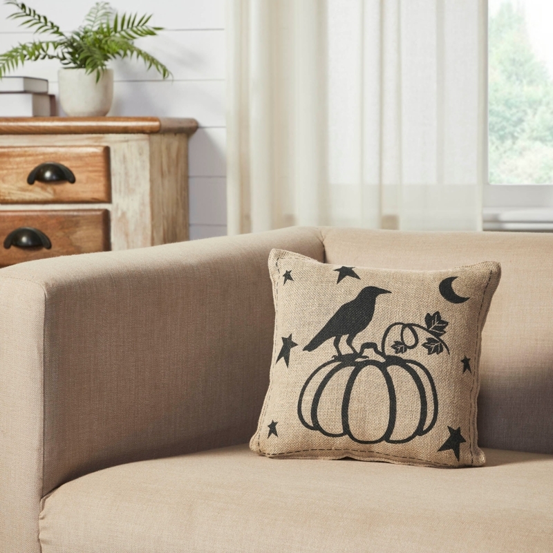Burlap Accent Pillow with Stenciled Raven Motif