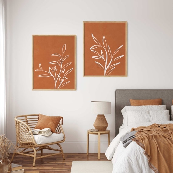 Burnt Orange Wall Art Set of 2 Abstract Geometric Boho Prints