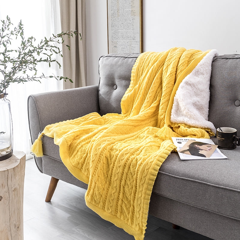Cable Knit Sherpa Throw Blanket Rust Orange Double Layer Warm