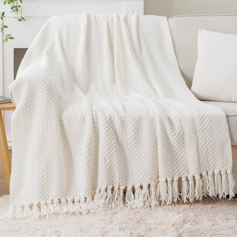 Cable Knit Throw Blanket with Pompom Trim, Cozy Cream Scandinavian Style