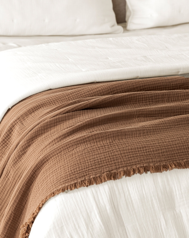Camel Brown Waffle Throw Blanket, Folded Earthy Bedding Layer