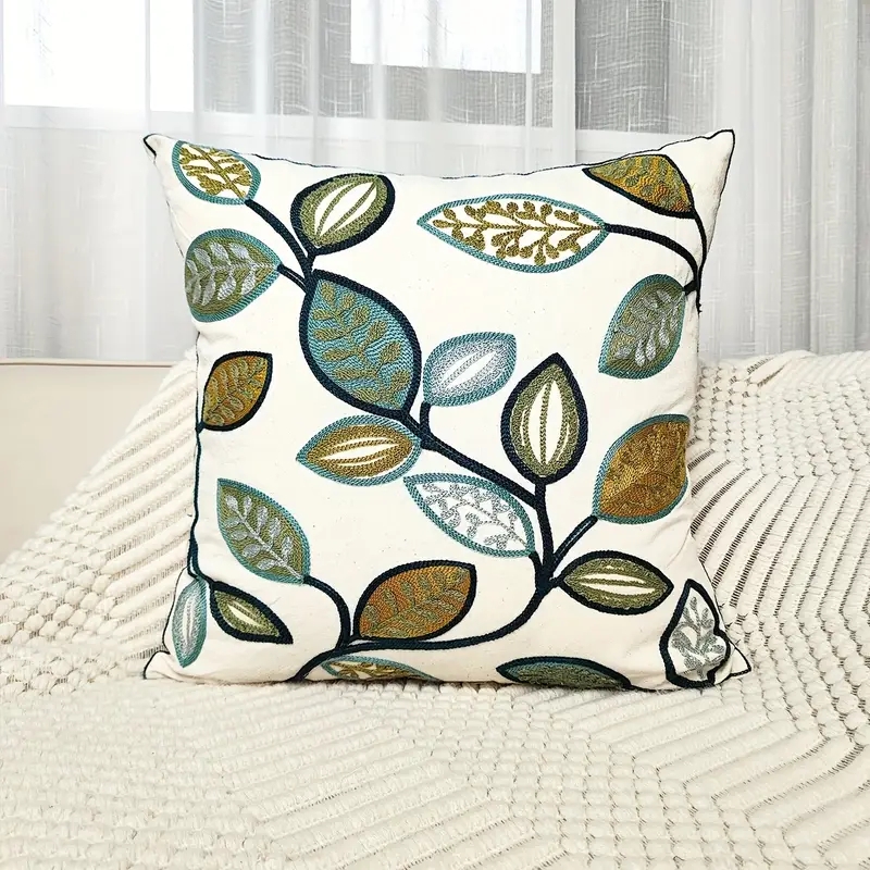 Canvas Throw Pillow Cover Botanical Leaf Embroidery Beige Sage Green