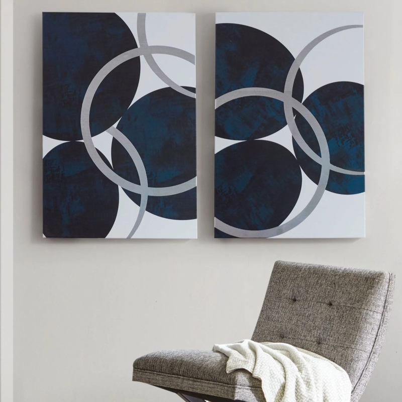 Canvas Wall Art Set: Navy and Silver Overlapping Geometric Circles