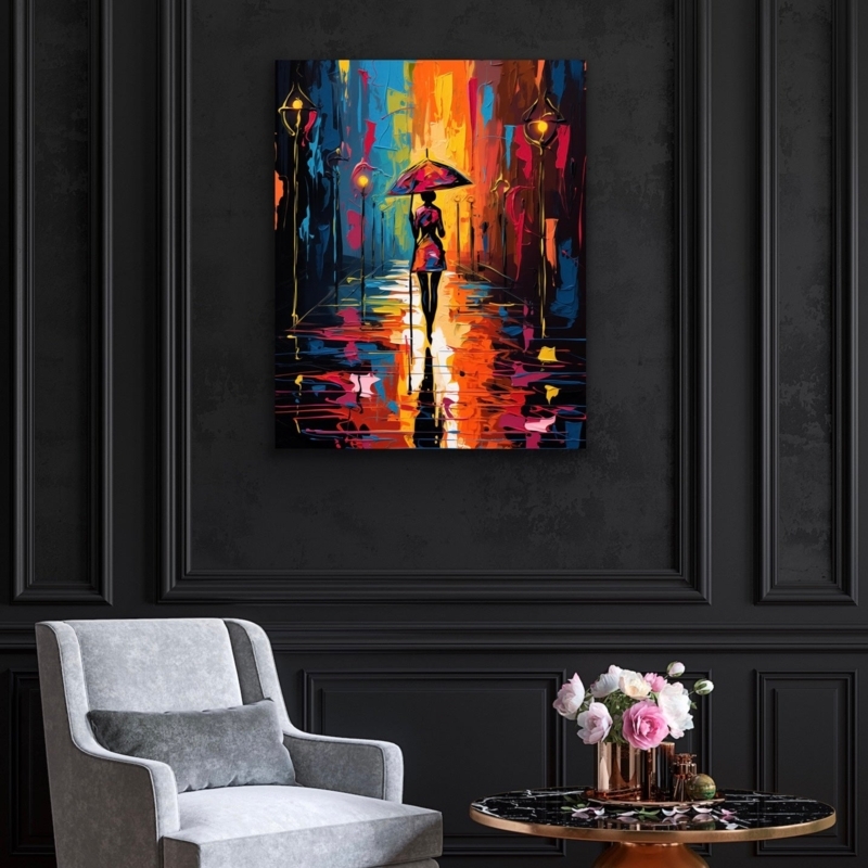 Canvas Wall Art: Vibrant Painterly Rain Scene for Moody Dark Rooms