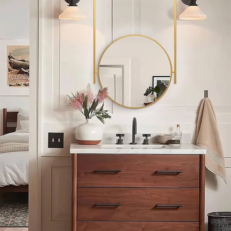 Ceiling Mount Mirror Round Vertical Rods Contemporary Vanity