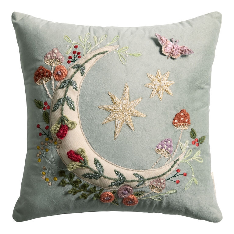 Celestial Embroidered Velvet Throw Pillow, Slate Blue, Sun & Moon Motif