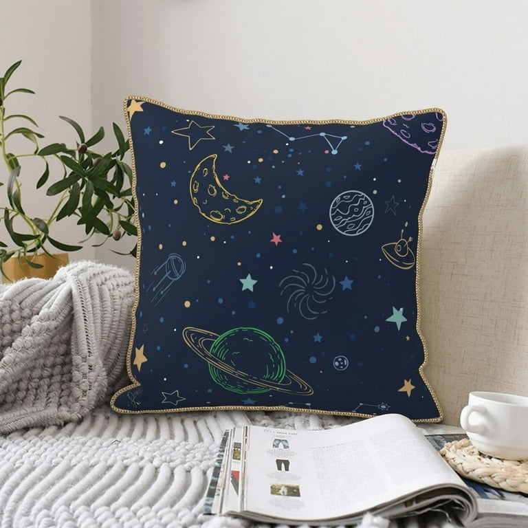Celestial Throw Pillow featuring Detailed Planet Illustrations.