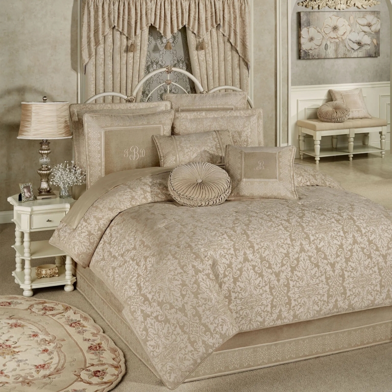 Champagne Chenille Comforter Set Jacquard Damask Traditional Luxury