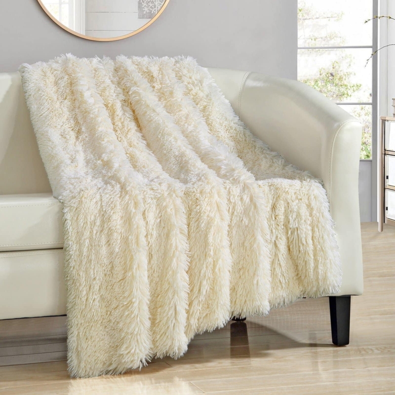 Channeled Fleece Throw Blanket Beige Plush Ribbed Surface Cozy