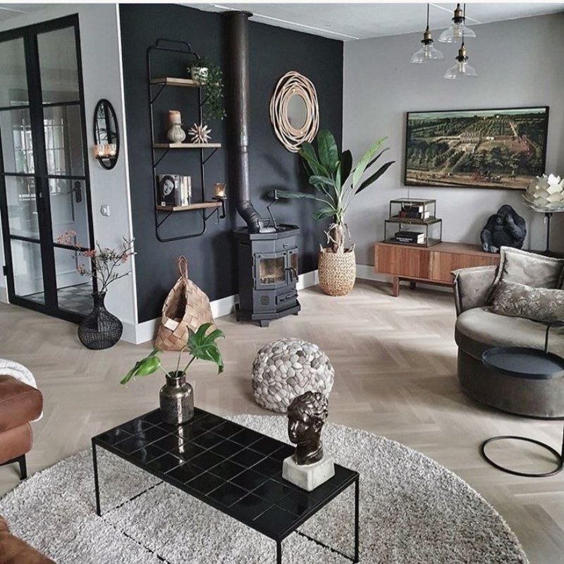 Charcoal Sofa Living Room with Minimalist Art and Mustard Accents