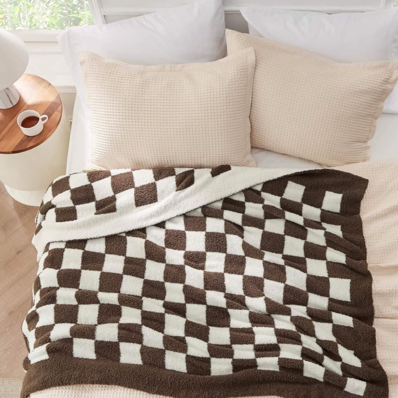 Checkerboard Throw Blanket, Camel and Off-White, Fleece, Reversible