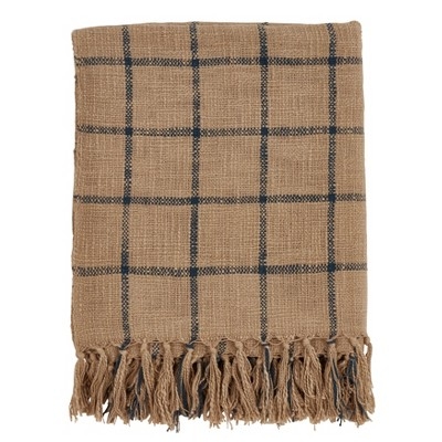 Checkered Throw Blanket Brown Cream Woven Fringed Farmhouse Style