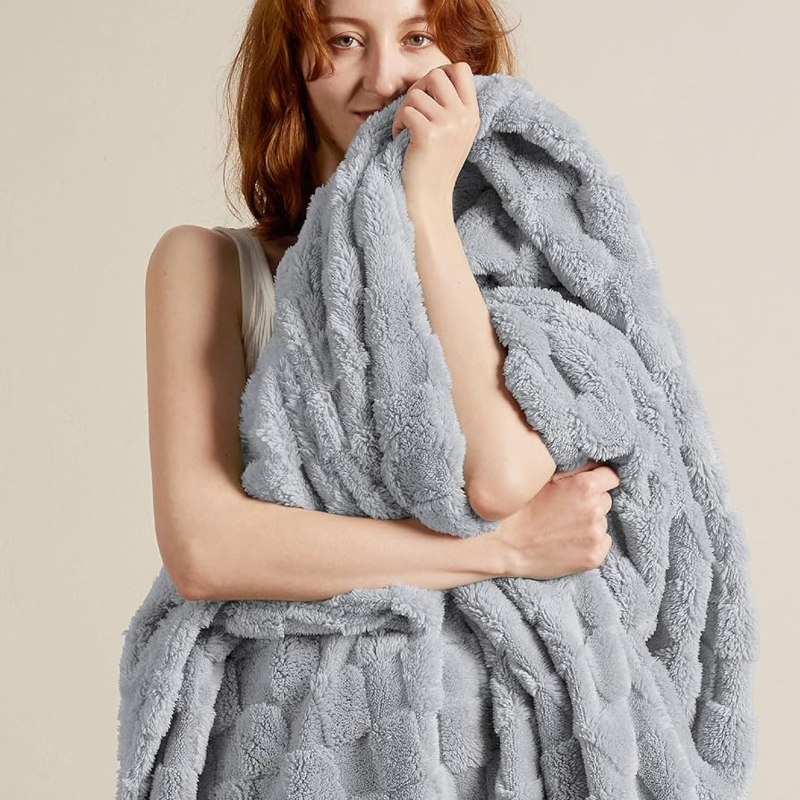 Checkered Throw Blanket Waffle Texture Plush Fleece Soft Sheen