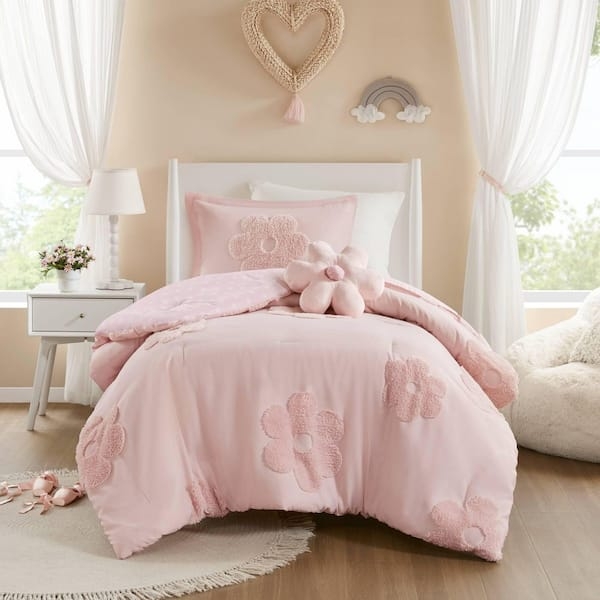 Chenille Comforter Set with Tufted Floral Pattern, Blush Pink