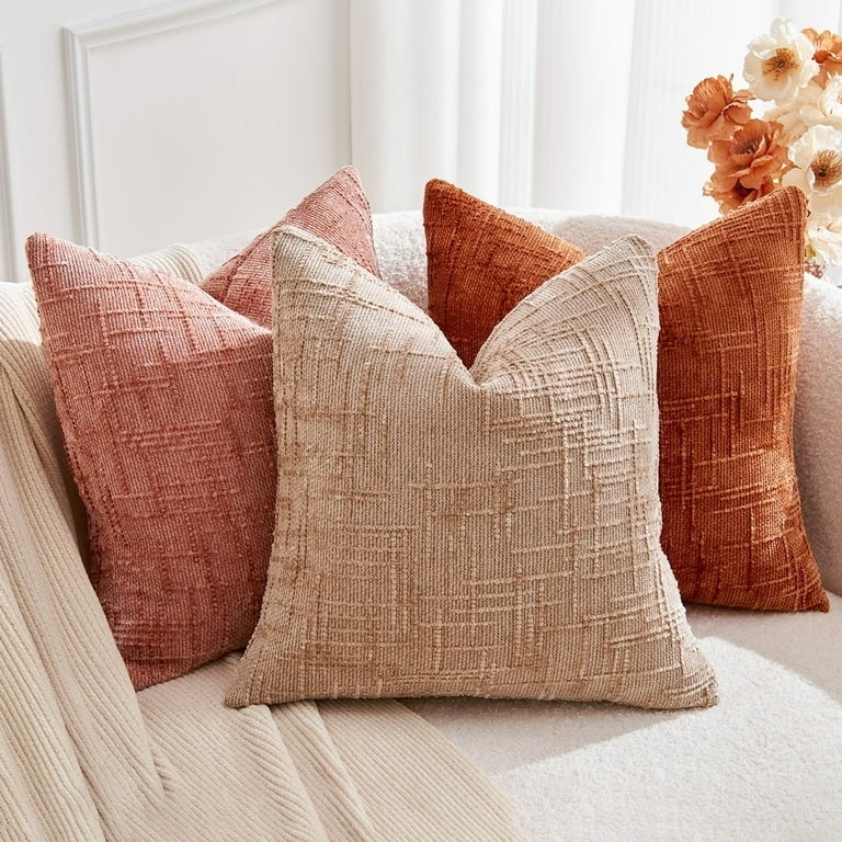 Chenille Throw Pillow Set Burnt Orange Ribbed Texture Modern Farmhouse