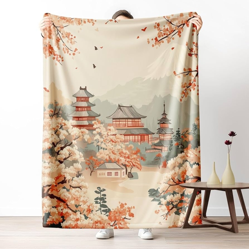 Chinoiserie Landscape Throw Blanket Blue Plush Oversized