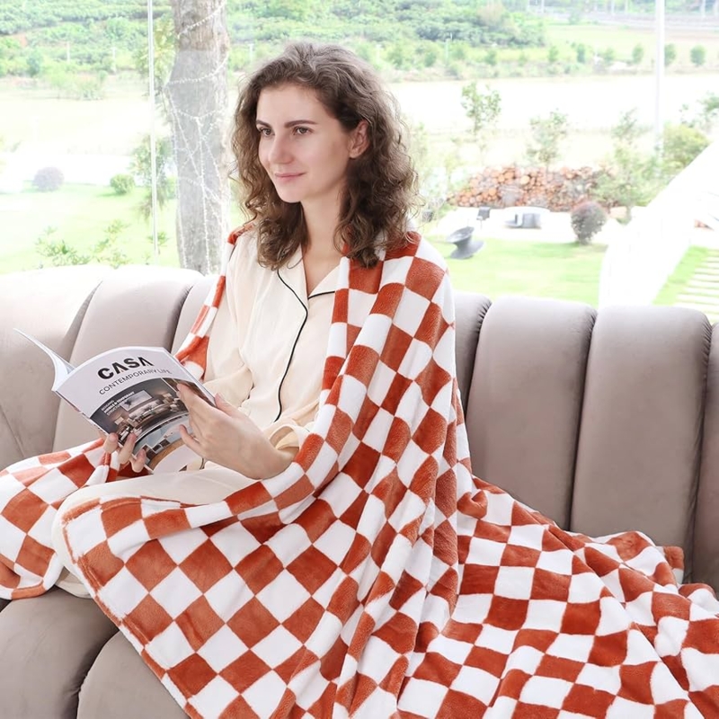Chocolate Brown Checkered Throw Blanket, Soft Fleece, Bound Edges