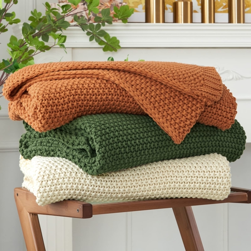 Chunky Cable Knit Throw Blanket, Beige