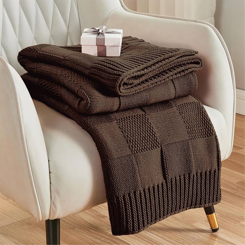 Chunky Knit Throw Blanket Checkerboard Pattern Dark Brown Farmhouse