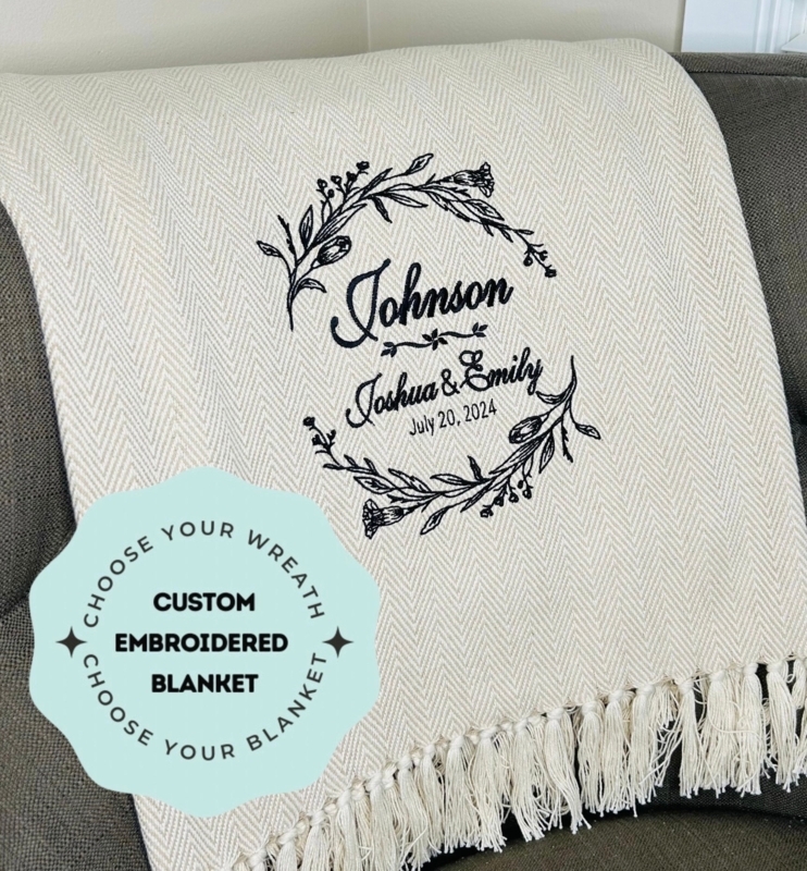 Chunky Knit Throw Blanket Custom Embroidered Wreath Motif
