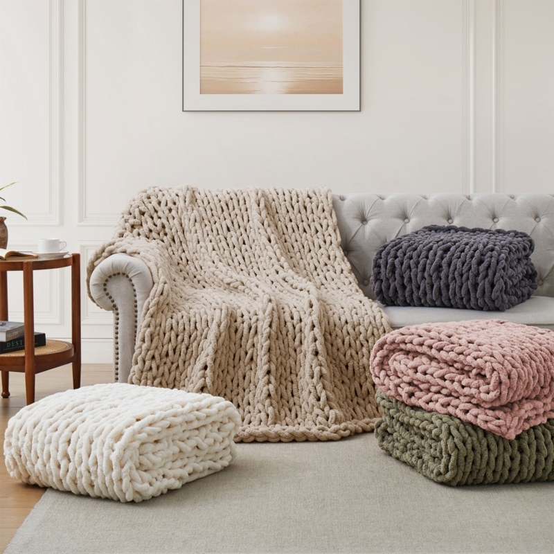 Chunky Knit Throw Blanket in Light Grey Chenille Yarn with Handmade Look