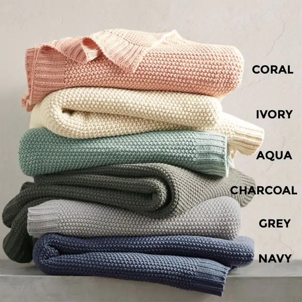 Chunky Knit Throw Blanket Ivory Ribbed Border Farmhouse Style
