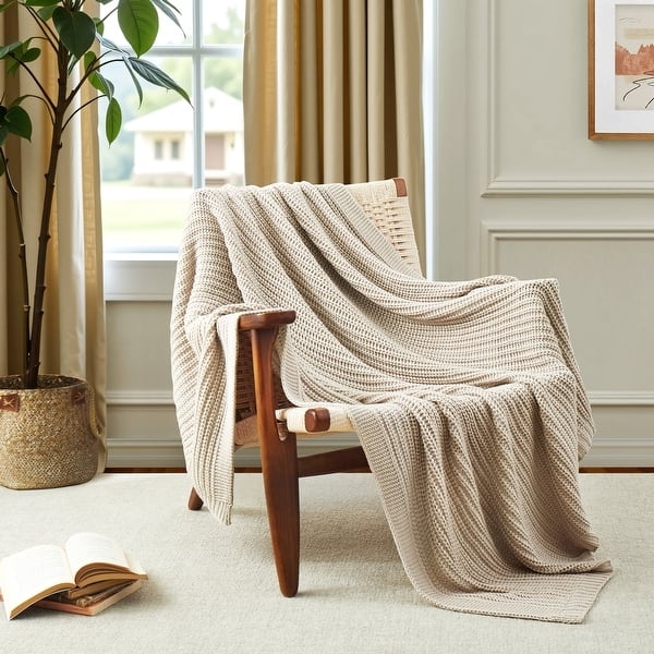 Chunky Knit Throw Blanket, White with Oversized Weave. Boho Farmhouse.