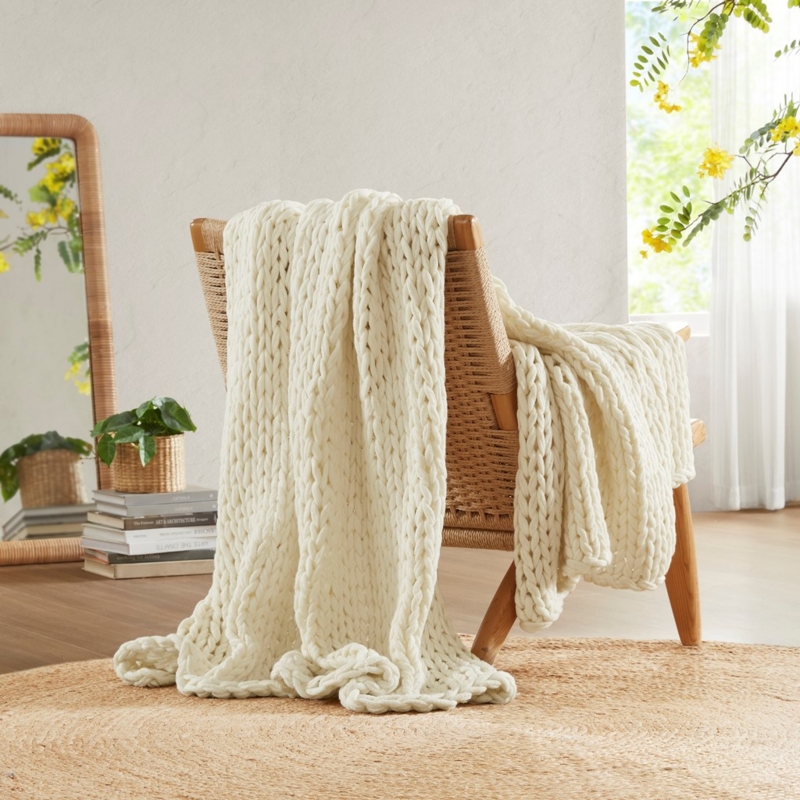 Chunky Knit Throw Blanket with Handmade Look, Double Knit Construction