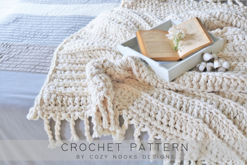 Chunky Ribbed Crochet Throw Blanket, Cream