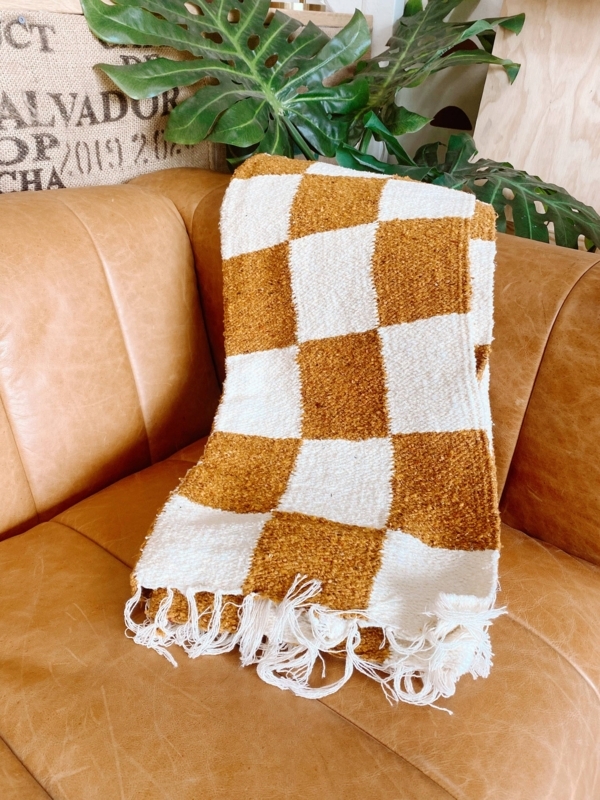 Chunky Woven Throw Blanket, Mustard and Cream Checkerboard Pattern